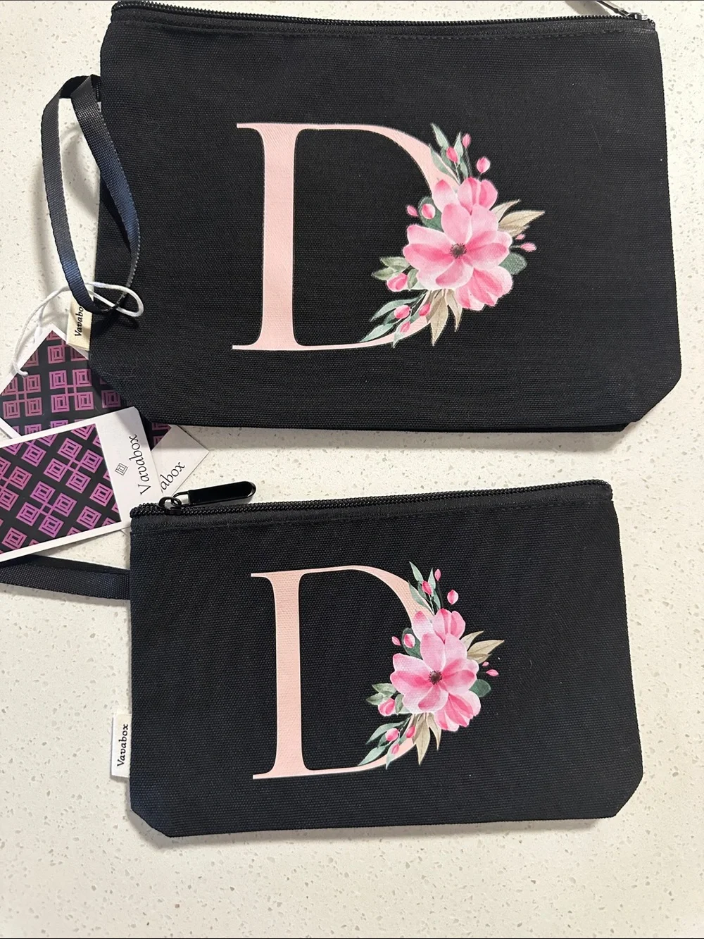 Black Cosmetic Pouch with Pink Floral Initial D - Unbranded
